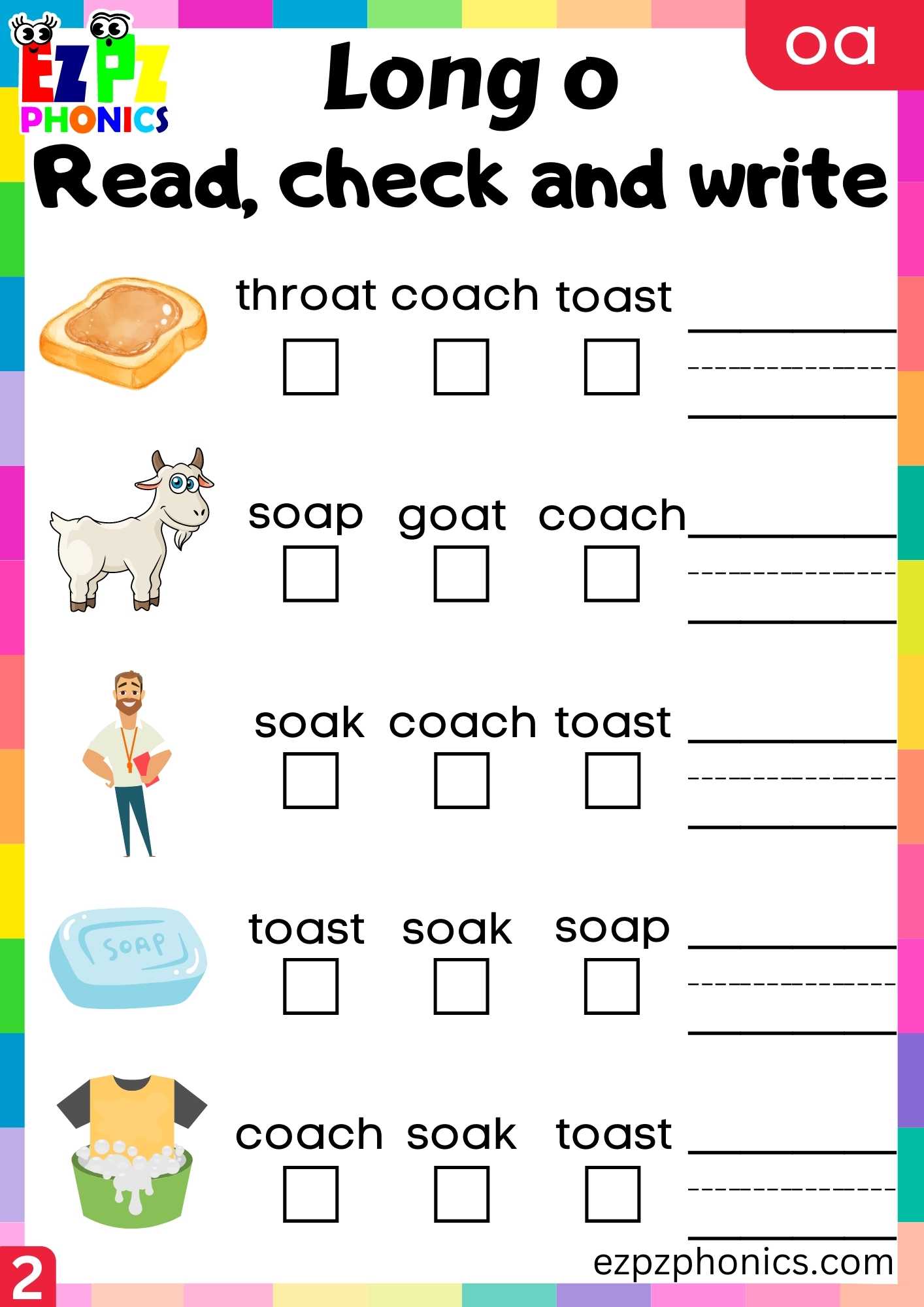 Group2 OA Words Read, Check And Write Long O Phonics Worksheet